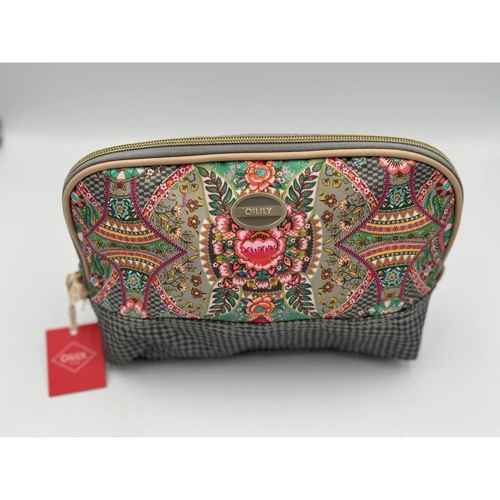 Oilily Toiletry Bag Color Iron Pink Geometric Floral With Plaid Mirror NWT